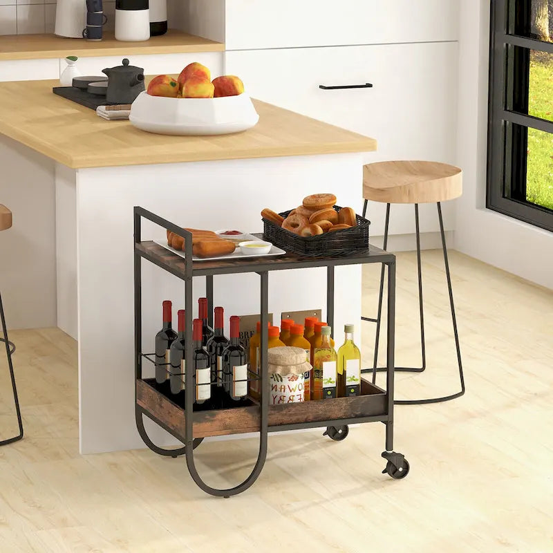 Industrial Bar Cart Rolling Buffet Serving Cart with Removable Wine Rack