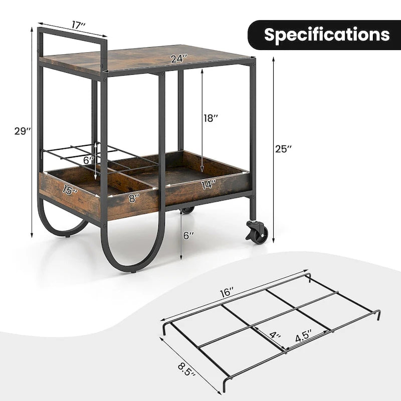 Industrial Bar Cart Rolling Buffet Serving Cart with Removable Wine Rack