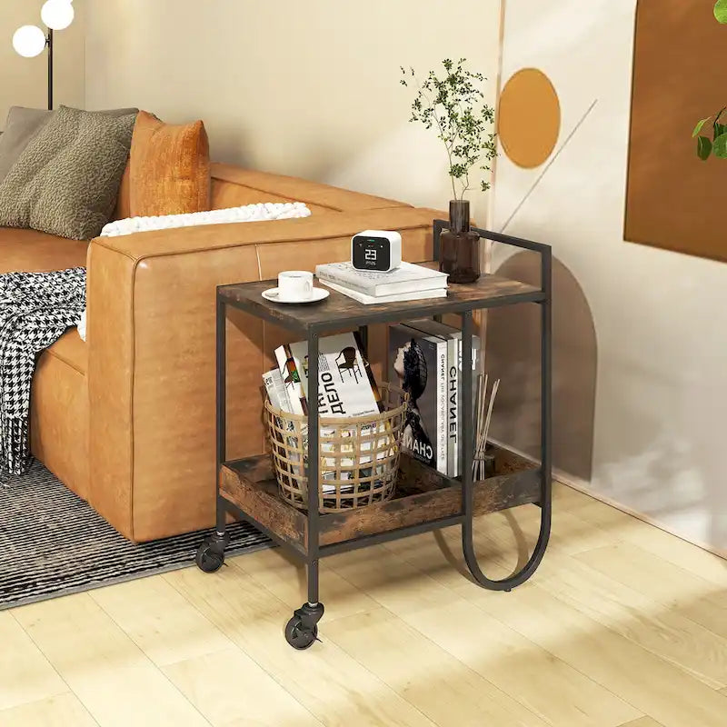 Industrial Bar Cart Rolling Buffet Serving Cart with Removable Wine Rack