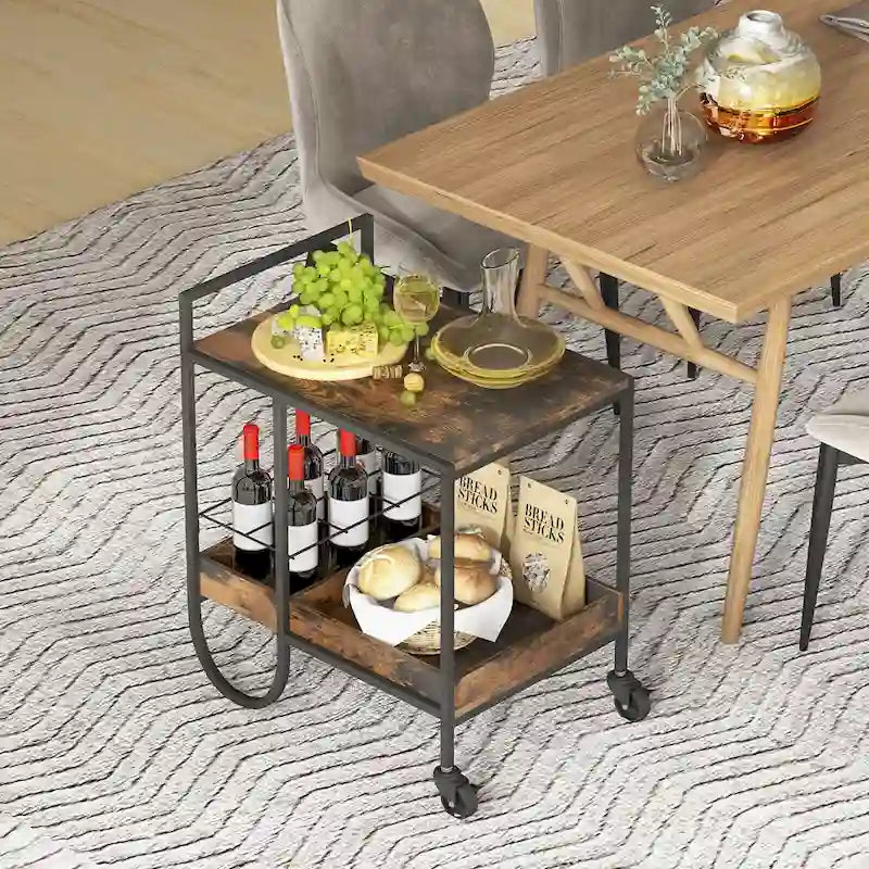 Industrial Bar Cart Rolling Buffet Serving Cart with Removable Wine Rack