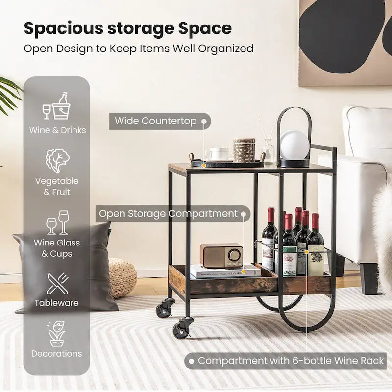 Industrial Bar Cart Rolling Buffet Serving Cart with Removable Wine Rack