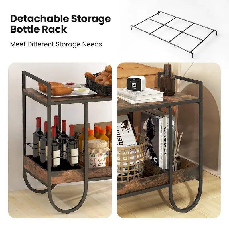 Industrial Bar Cart Rolling Buffet Serving Cart with Removable Wine Rack
