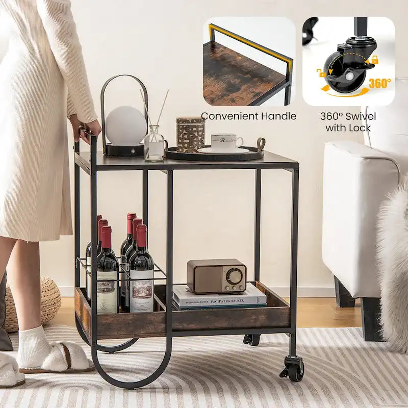 Industrial Bar Cart Rolling Buffet Serving Cart with Removable Wine Rack