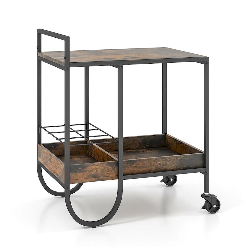Industrial Bar Cart Rolling Buffet Serving Cart with Removable Wine Rack