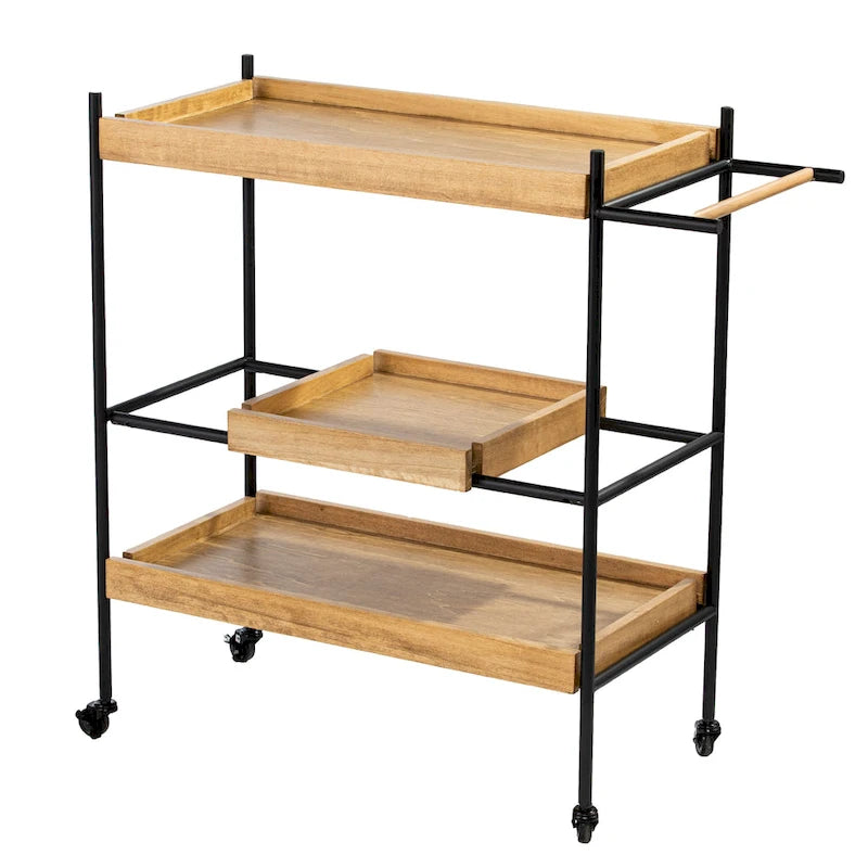 Rolling Bar Cart with 3 Shelves, Removable Tray