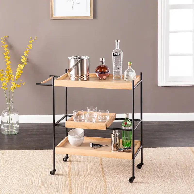 Rolling Bar Cart with 3 Shelves, Removable Tray