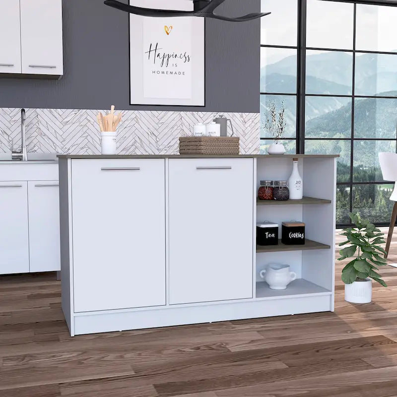 Kitchen Island with Two Cabinets and Three Open Shelves