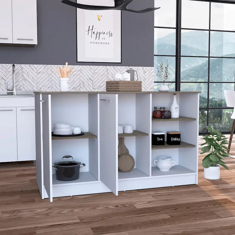 Kitchen Island with Two Cabinets and Three Open Shelves