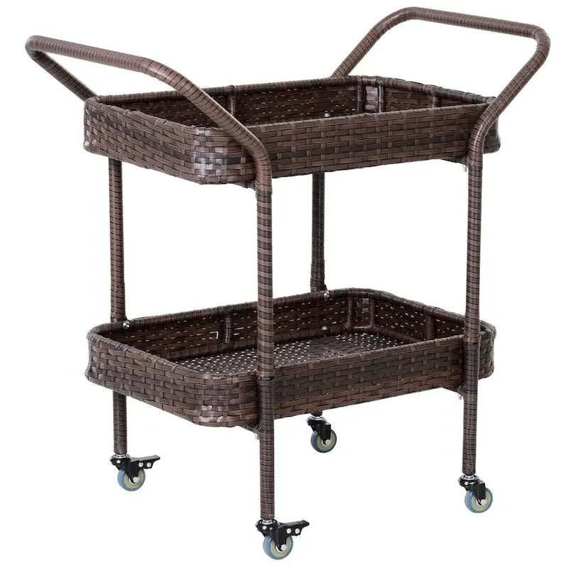 Rattan Food and Serving Cart with 4 Wheels and 2-Tiers