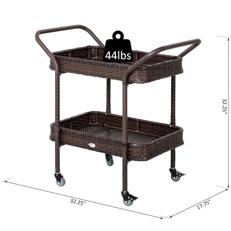 Rattan Food and Serving Cart with 4 Wheels and 2-Tiers