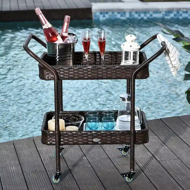 Rattan Food and Serving Cart with 4 Wheels and 2-Tiers