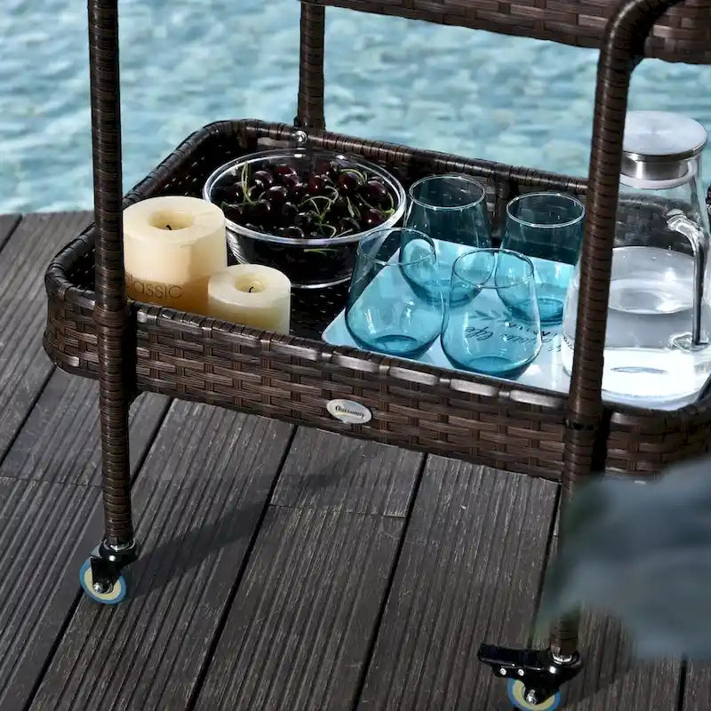 Rattan Food and Serving Cart with 4 Wheels and 2-Tiers