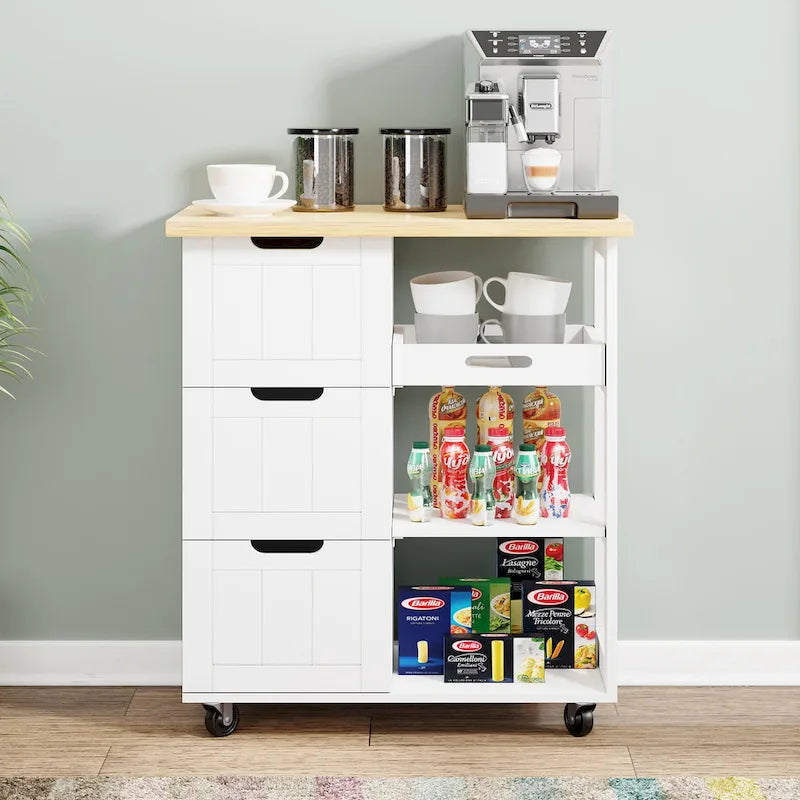 Kitchen Island Cart with 3 Open Shelves and 3 Drawers