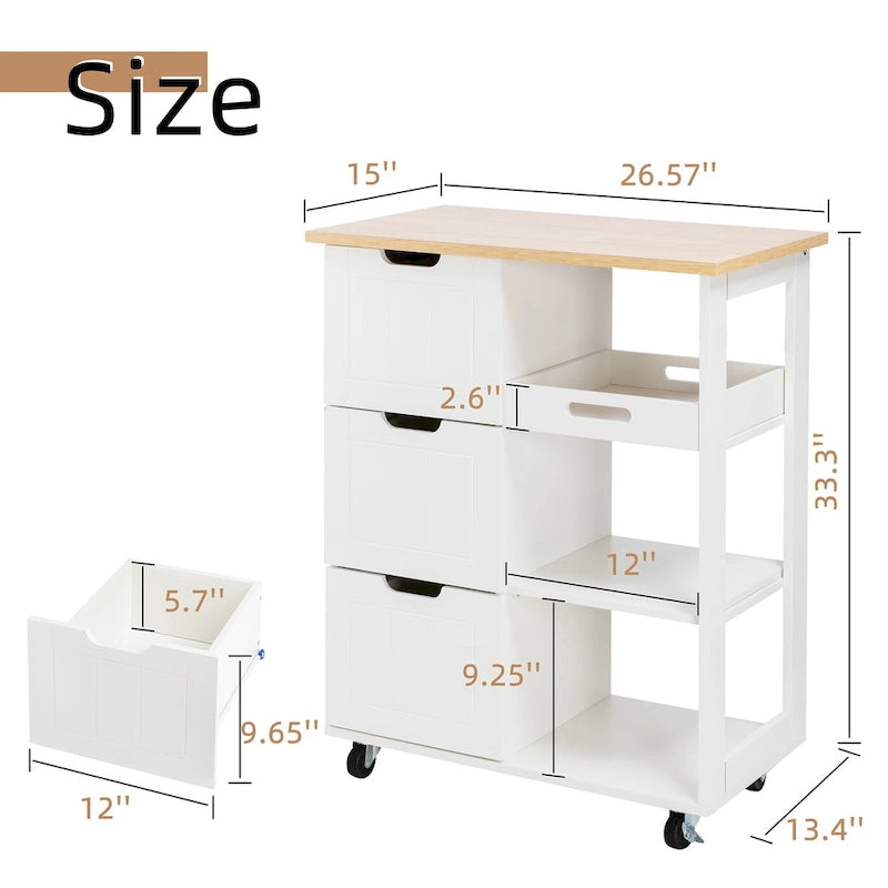 Kitchen Island Cart with 3 Open Shelves and 3 Drawers