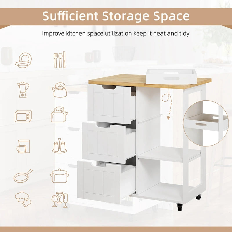 Kitchen Island Cart with 3 Open Shelves and 3 Drawers