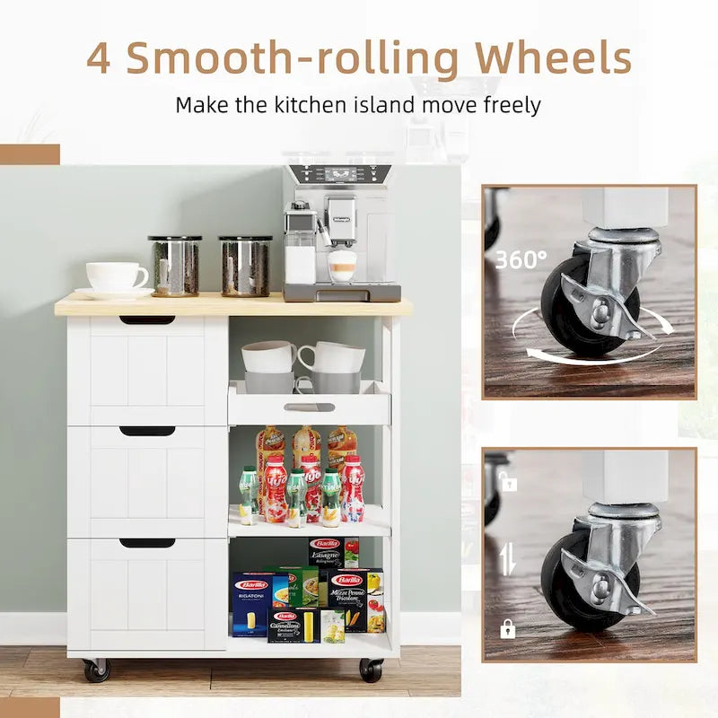 Kitchen Island Cart with 3 Open Shelves and 3 Drawers