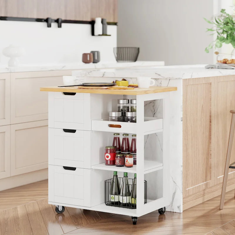 Kitchen Island Cart with 3 Open Shelves and 3 Drawers