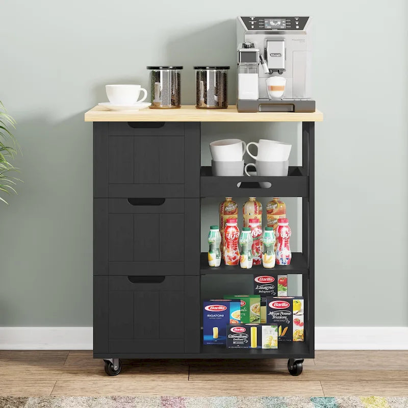 Kitchen Island Cart with 3 Open Shelves and 3 Drawers