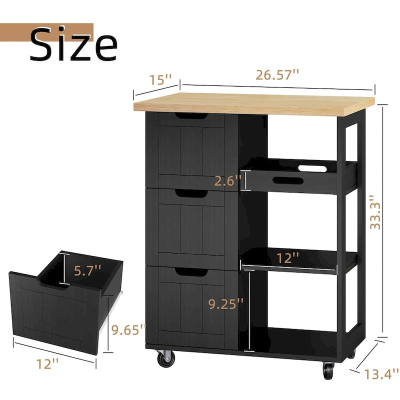 Kitchen Island Cart with 3 Open Shelves and 3 Drawers