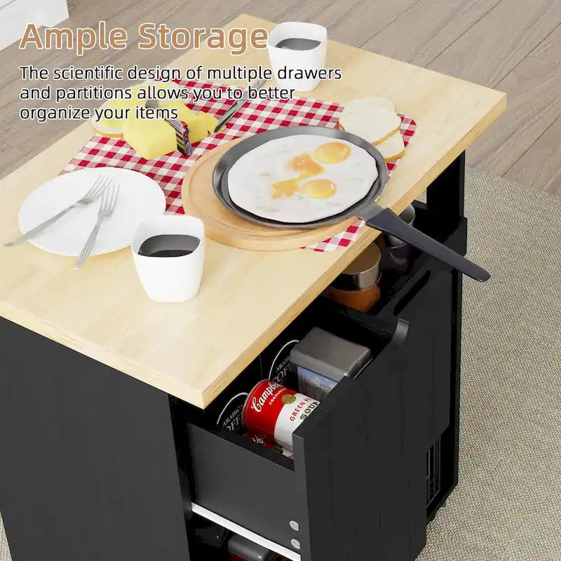 Kitchen Island Cart with 3 Open Shelves and 3 Drawers