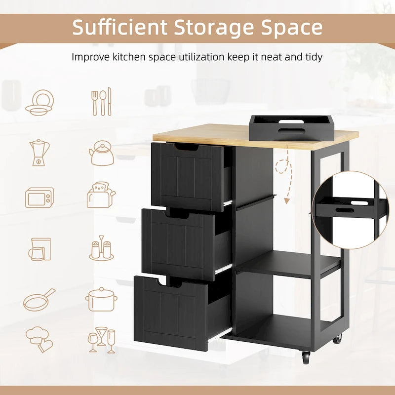 Kitchen Island Cart with 3 Open Shelves and 3 Drawers