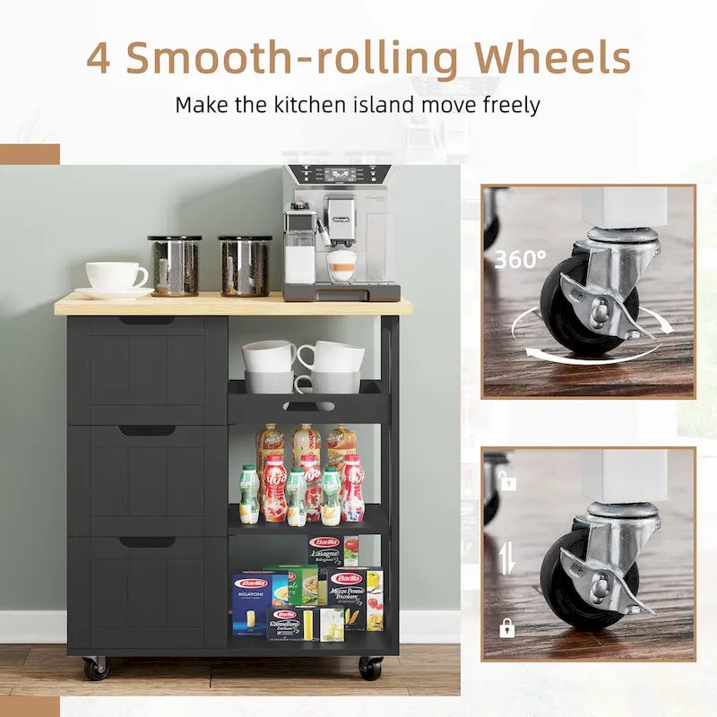Kitchen Island Cart with 3 Open Shelves and 3 Drawers