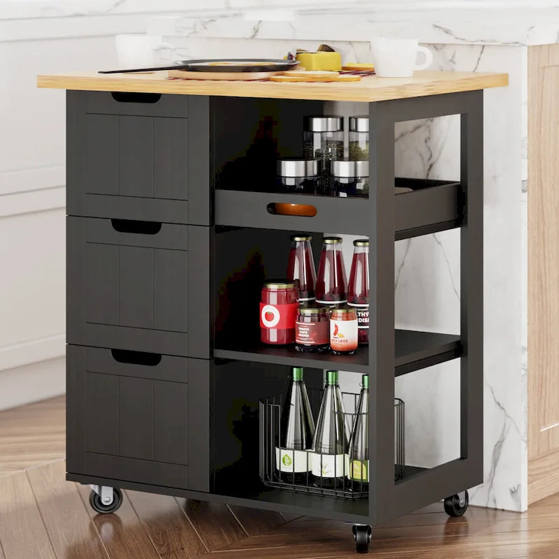 Kitchen Island Cart with 3 Open Shelves and 3 Drawers