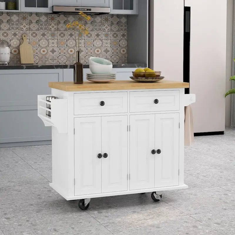 Kitchen Island Cart with Two Storage Cabinets and Two Locking Wheels