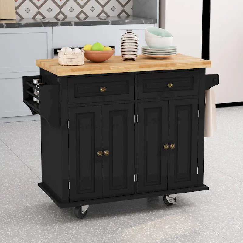 Kitchen Island Cart with Two Storage Cabinets and Two Locking Wheels