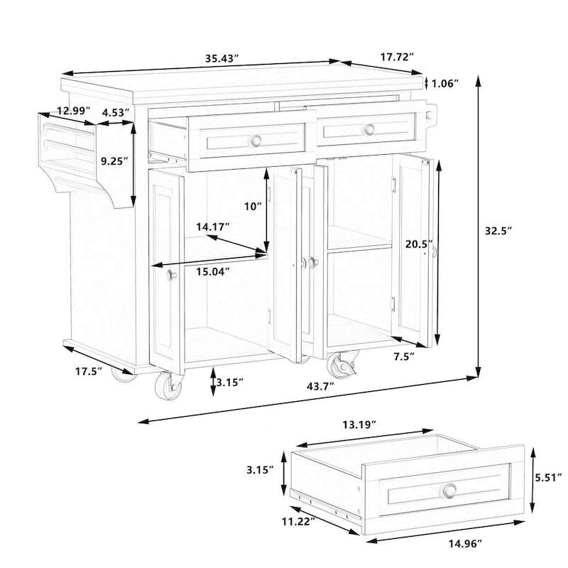 Kitchen Island Cart with Two Storage Cabinets and Two Locking Wheels