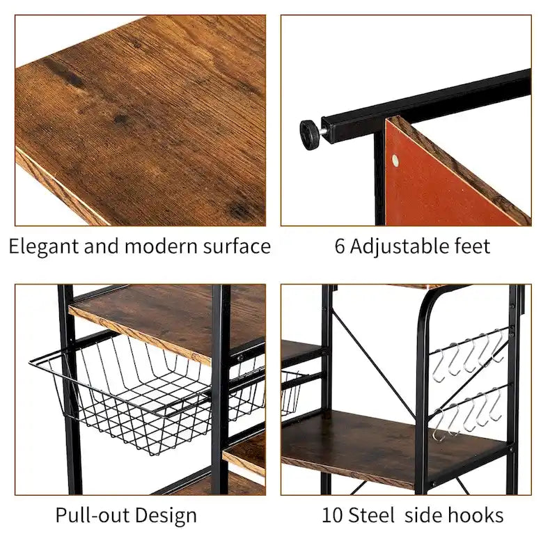 Kitchen Baker's Rack 35.5 Microwave Stand 4-Tier Spice Rack Organizer Workstation with 10 Hooks