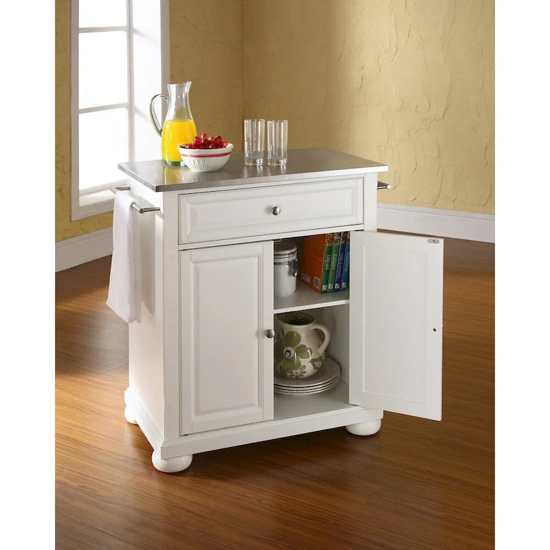 White Wood Portable Kitchen Island with Stainless Steel Top - 31W x 18D x 33.5H