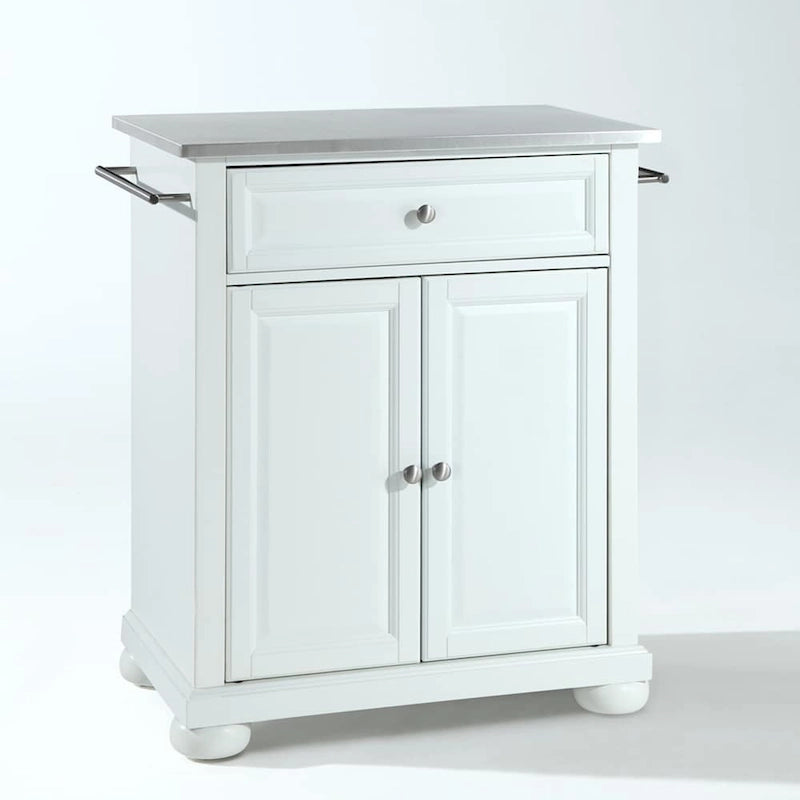 White Wood Portable Kitchen Island with Stainless Steel Top - 31W x 18D x 33.5H