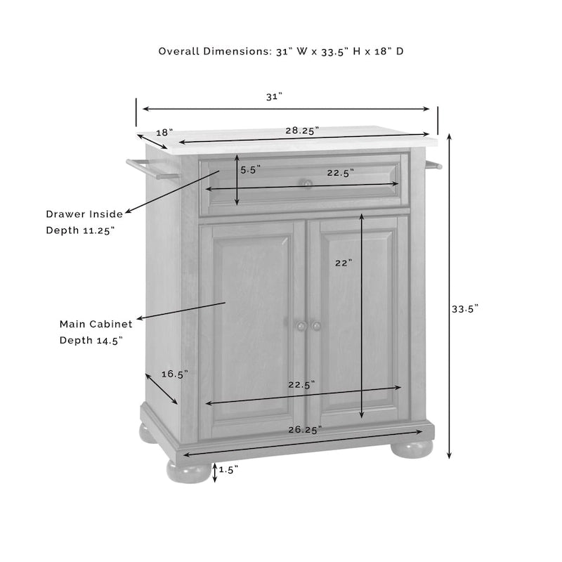 White Wood Portable Kitchen Island with Stainless Steel Top - 31W x 18D x 33.5H