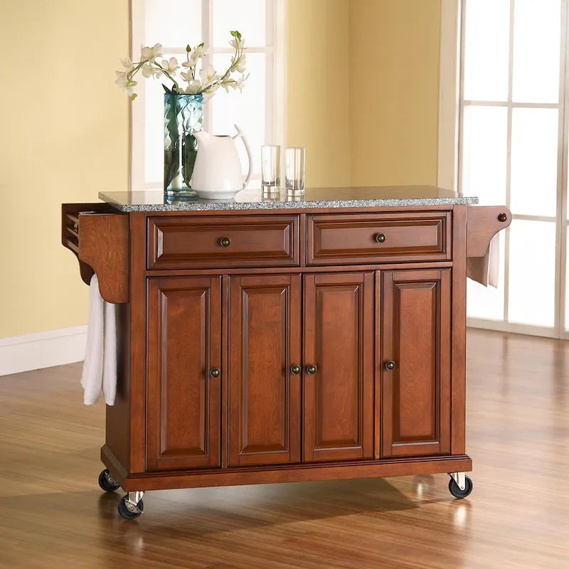 Crosley Full Size Granite Top Kitchen Cart in Cherry - 18d x 51.5w x 36h