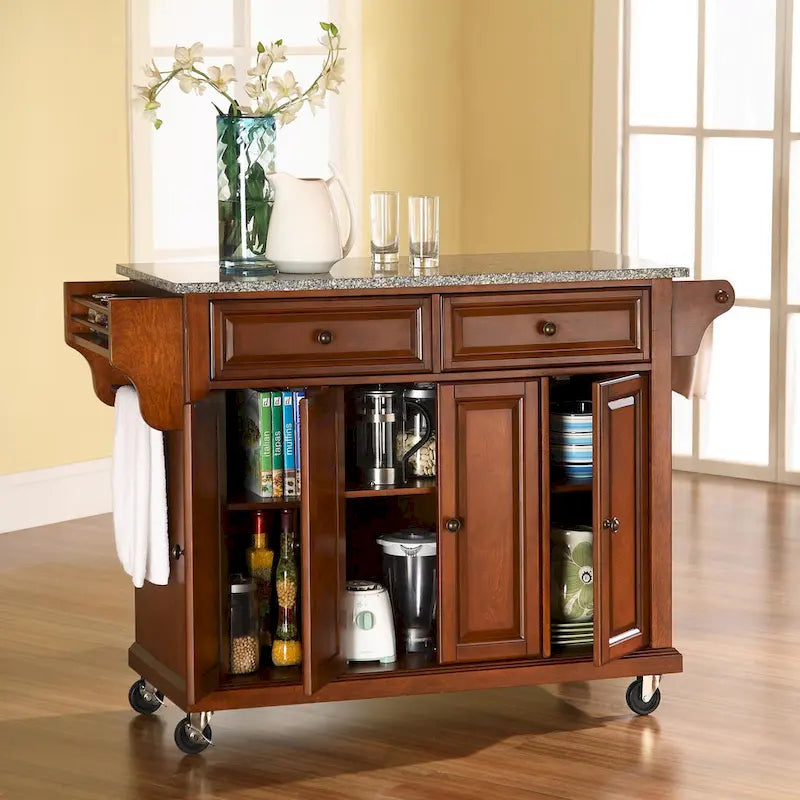 Full Size Granite Top Kitchen Cart in Cherry - 18D x 51.5W x 36H