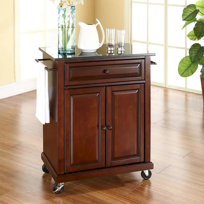Crosley Compact Solid Black Granite Top Portable Kitchen Cart/ Island in Vintage Mahogany Finish - 18d x 31w x 35.5h