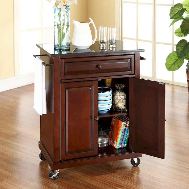 Compact Solid Black Granite Top Portable Kitchen Cart Island, Vintage Mahogany - 18D x 31W x 35.5H