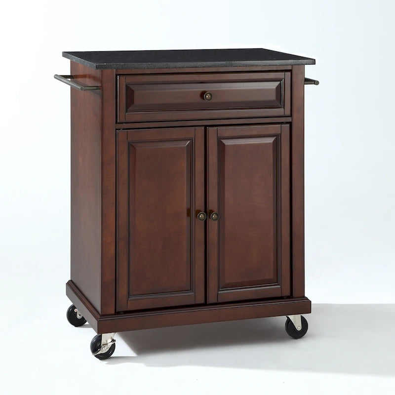Compact Solid Black Granite Top Portable Kitchen Cart Island, Vintage Mahogany - 18D x 31W x 35.5H