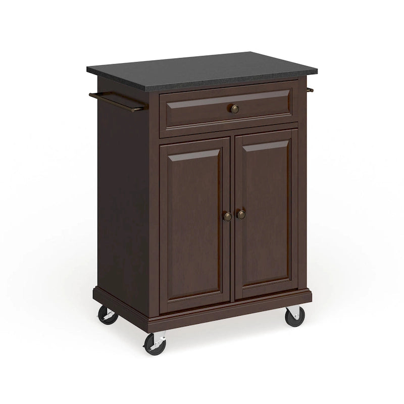 Compact Solid Black Granite Top Portable Kitchen Cart Island, Vintage Mahogany - 18D x 31W x 35.5H