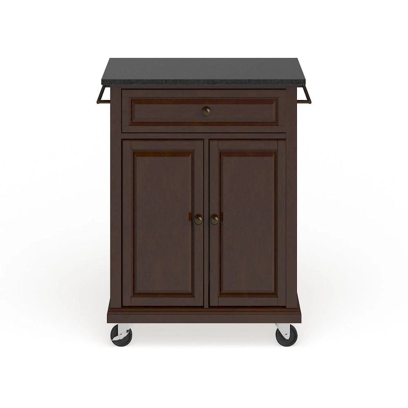 Compact Solid Black Granite Top Portable Kitchen Cart Island, Vintage Mahogany - 18D x 31W x 35.5H
