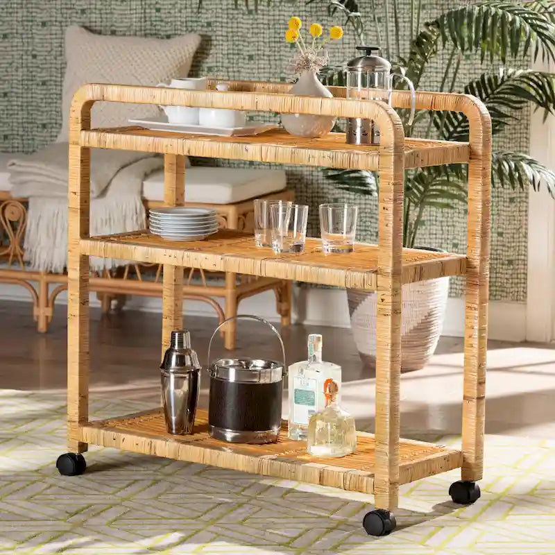 Modern Bohemian Natural Rattan Kitchen Cart