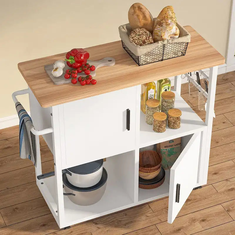 Kitchen Island with Wheels and Towel Rack, Kitchen Cart Utility Coffee Bar Cart with Shelves and Cabinet - White