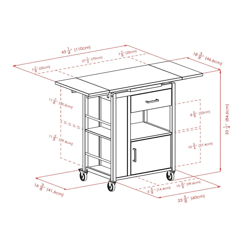 Extendable Top Kitchen Cart, Walnut - 27.56 x 18.35 x 33.46 inches