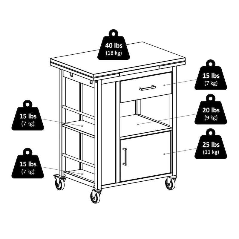 Extendable Top Kitchen Cart, Walnut - 27.56 x 18.35 x 33.46 inches