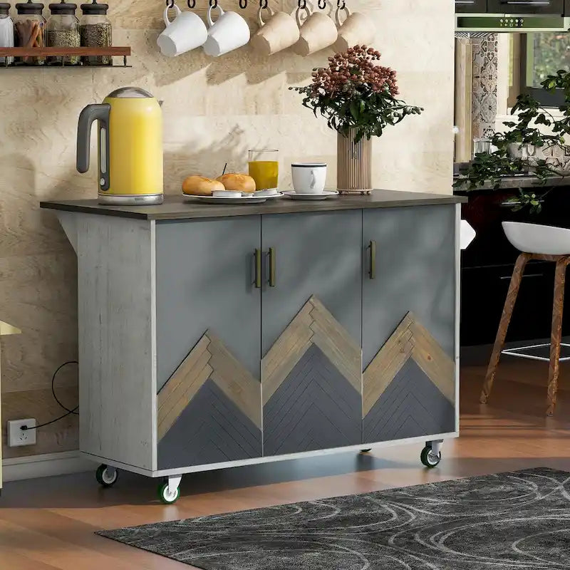 47 Retro Wood Kitchen Island with Drop Leaf, Farmhouse Style on Wheels, Internal Storage