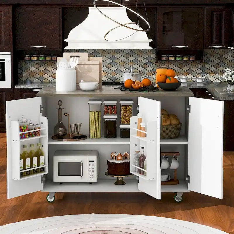 47 Retro Wood Kitchen Island with Drop Leaf, Farmhouse Style on Wheels, Internal Storage