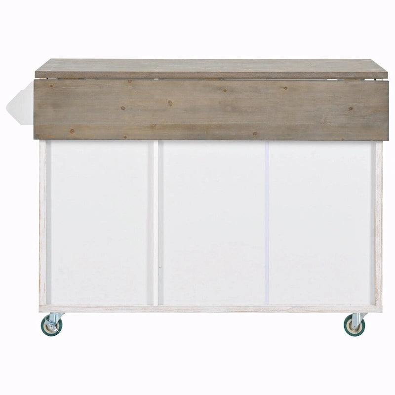 47 Retro Wood Kitchen Island with Drop Leaf, Farmhouse Style on Wheels, Internal Storage