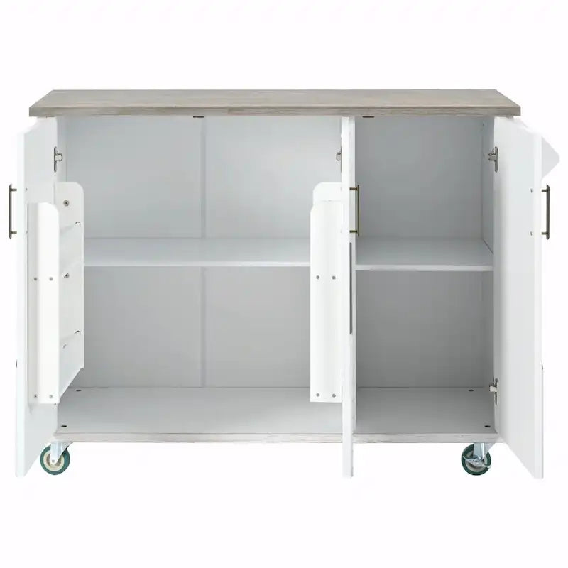 47 Retro Wood Kitchen Island with Drop Leaf, Farmhouse Style on Wheels, Internal Storage