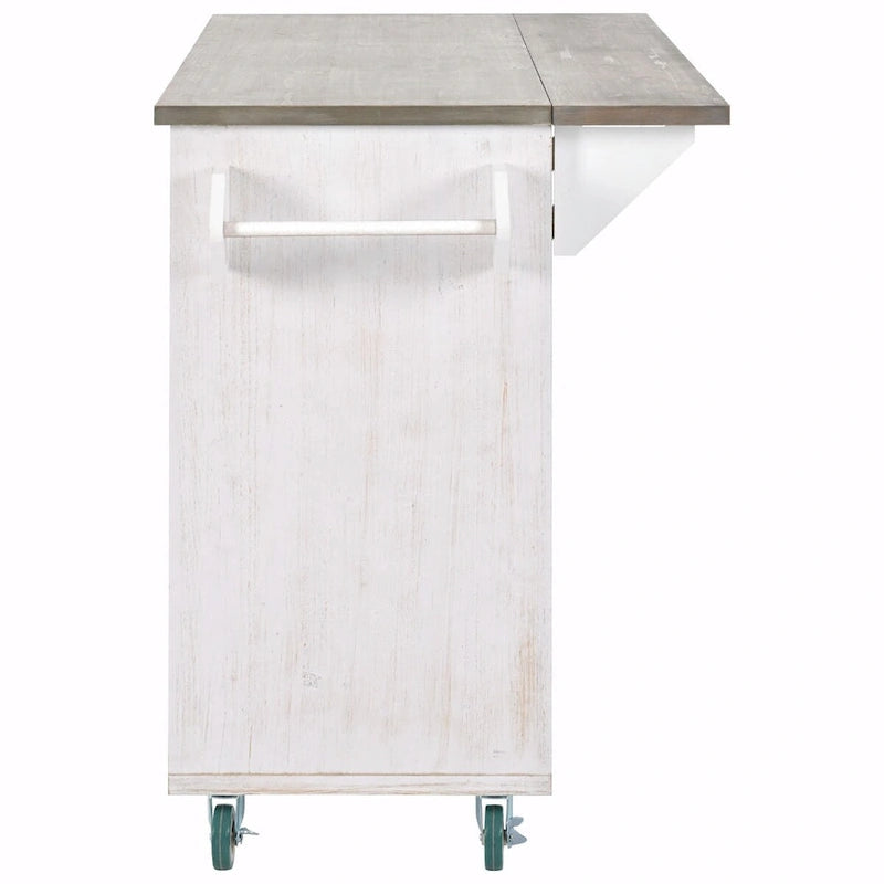 47 Retro Wood Kitchen Island with Drop Leaf, Farmhouse Style on Wheels, Internal Storage